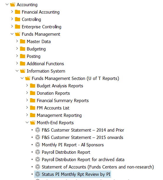 RIS file structure with Status PI Monthly Report Review by PI highlighted