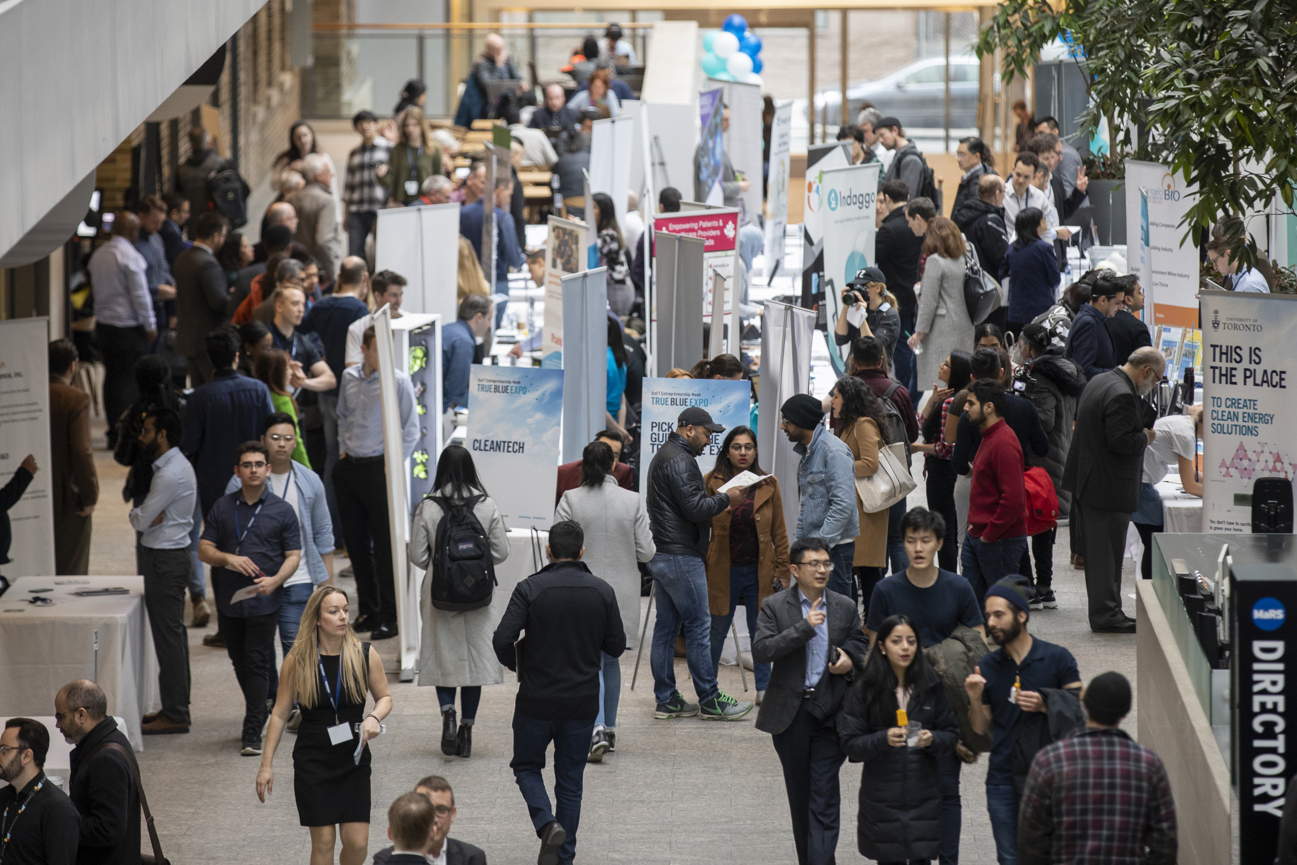An aerial view of booths at a U of T entrepreneurship exhibition.